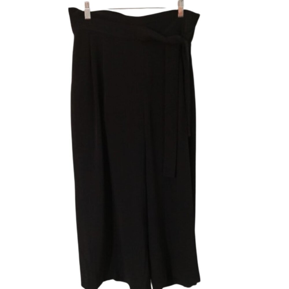Anne Klein Paper Bag Waist Tie Front Super Wide Leg Pants Black Size M